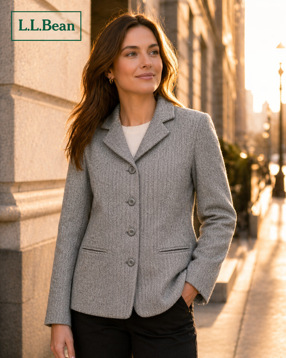 Vintage LL Bean Blazer Women 12P Gray Wool Tweed Herringbone Jacket Excellent